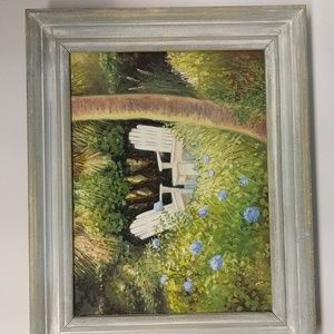 DOriginal Oil Painting Adirondack Chairs in Lush Foliage including Hydrangea EUC